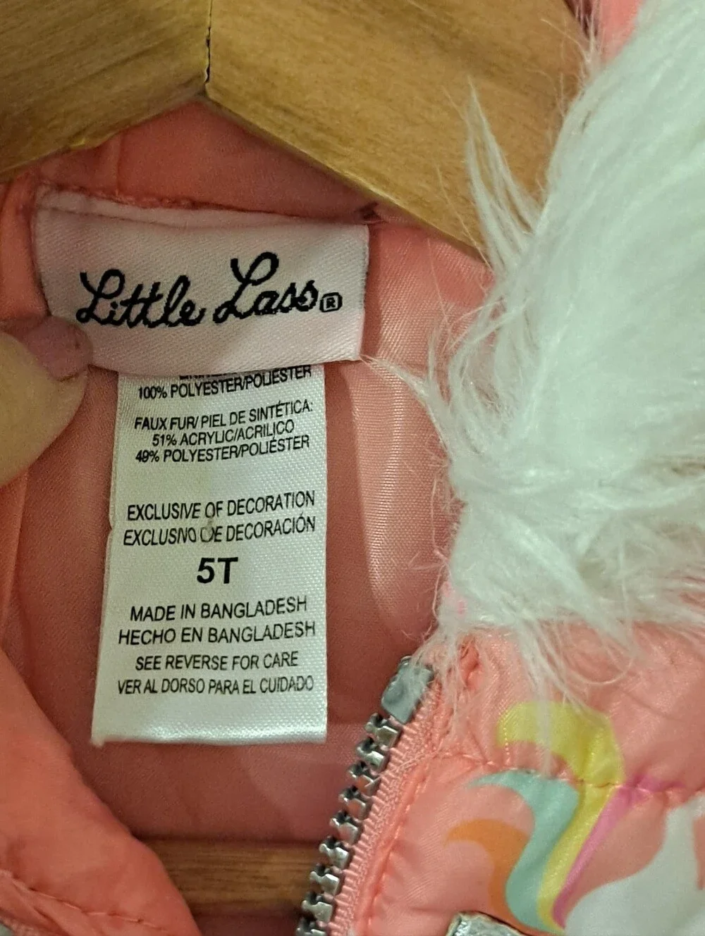 Little Lass Girls' Coral Unicorn Puffer Vest with Faux Fur Trim Sz 5T
